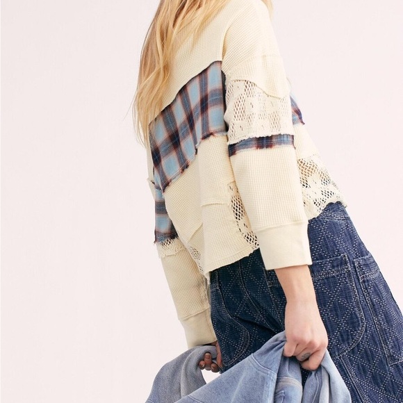 NWT Free People We The Free Nina Tee Plaid Crochet Lace Pullover Top Medium - Picture 2 of 5